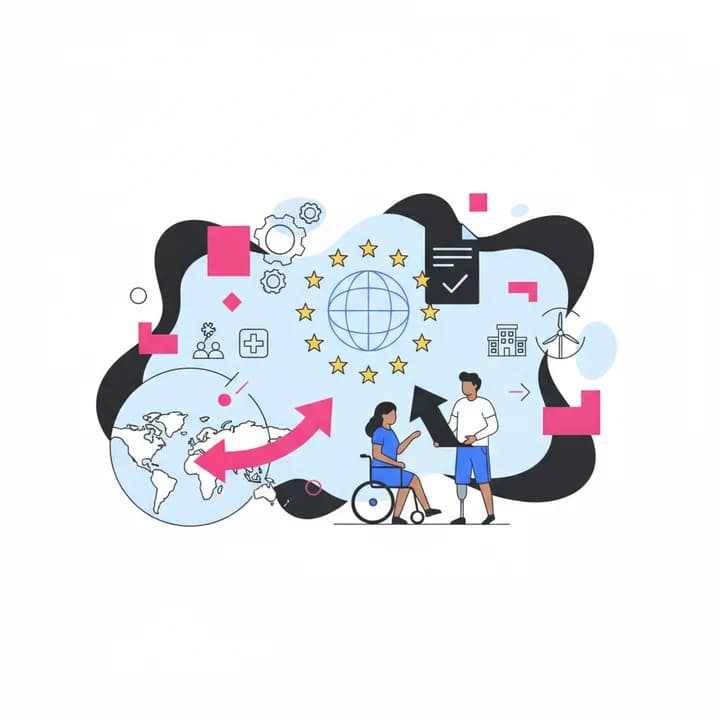 Illustrazione con due persone, una in sedia a rotelle, che discutono davanti a un globo circondato da stelle, simboli di cooperazione globale e inclusione internazionale.