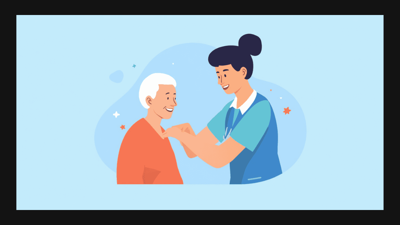Illustrazione di una persona anziana assistita a domicilio da un operatore di cura professionale, in un ambiente caldo e accogliente, su sfondo azzurro.