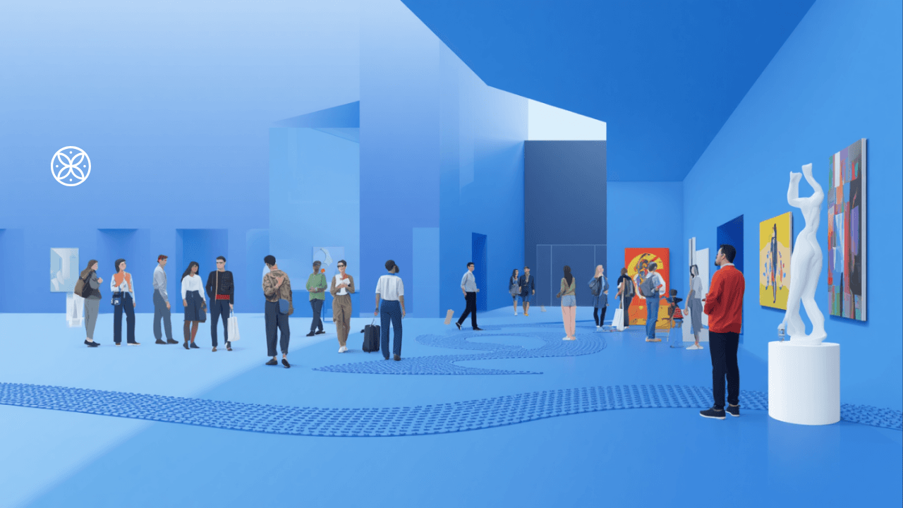 Illustrazione di un museo moderno con percorsi inclusivi, persone con disabilità che visitano esposizioni con ausili sensoriali, su sfondo azzurro.