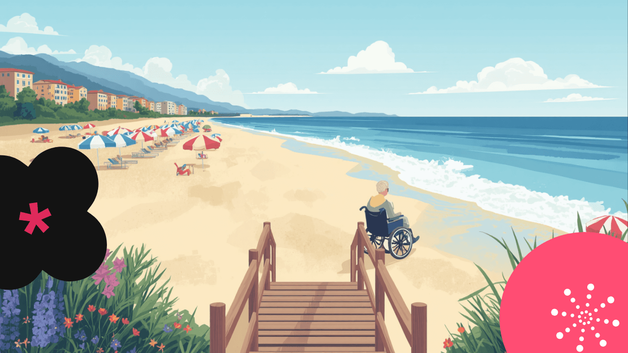 Illustrazione di una spiaggia accessibile con passerelle e persone con disabilità che godono del mare, su sfondo azzurro e azzurro cielo.