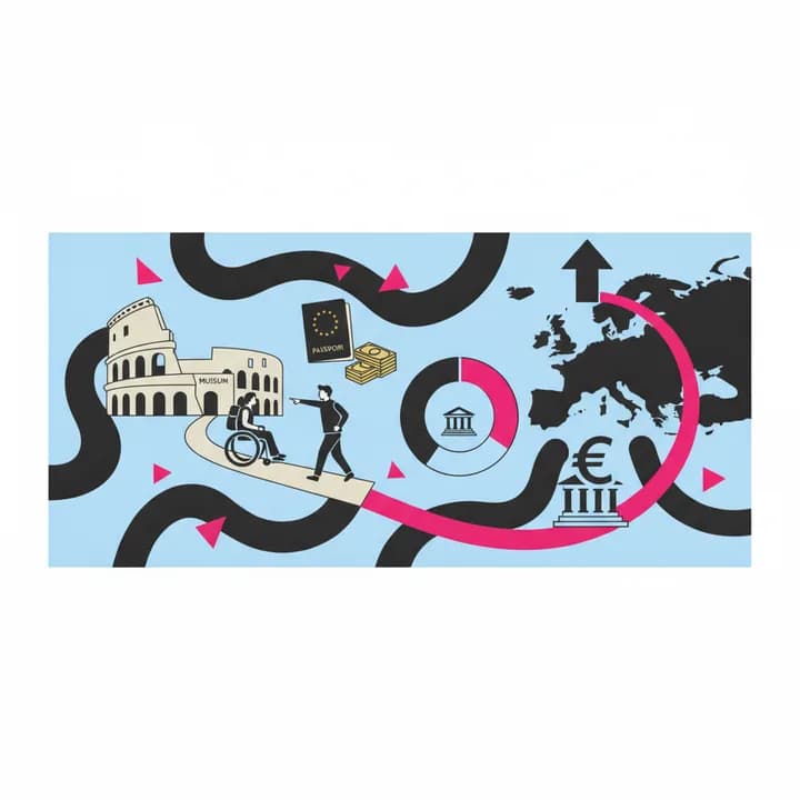 Illustrazione grafica con colori azzurro e bianco che mostra una persona in carrozzina che visita uno spazio culturale luminoso e accogliente, in stile editoriale moderno.