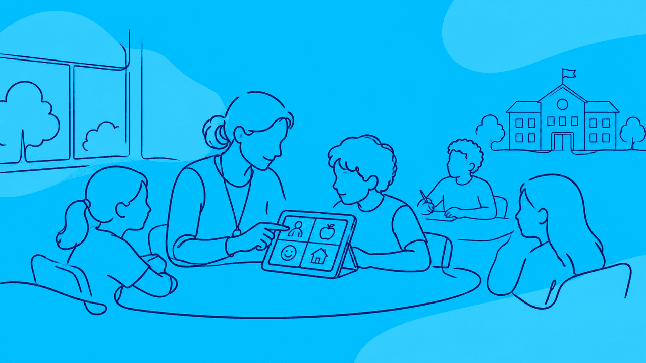 Illustrazione a linea continua su sfondo azzurro: un'assistente aiuta un alunno a comunicare con un tablet a pittogrammi, in classe con i compagni.