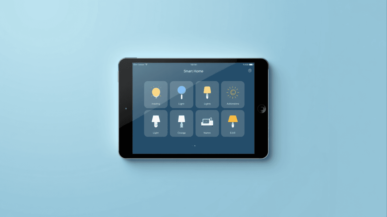 Illustrazione di un ambiente domestico intelligente con sistemi domotici accessibili, luci e automazioni controllabili, su sfondo azzurro.