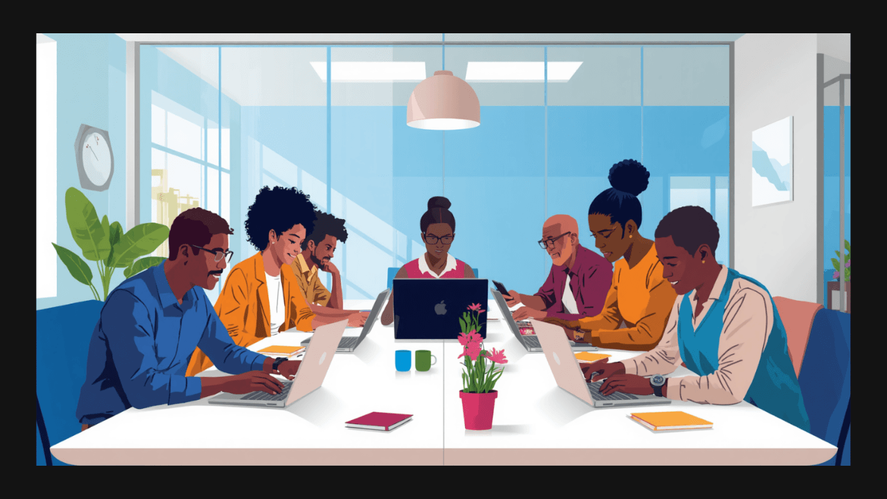 Illustrazione di persone con disabilità che lavorano con dispositivi digitali in un ambiente professionale inclusivo, su sfondo azzurro.