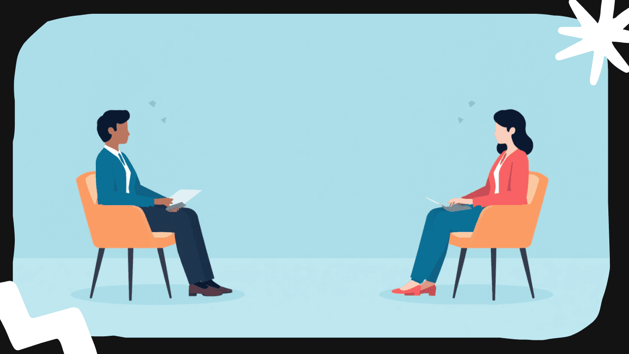 Illustrazione di una persona con disabilità in un colloquio di lavoro in un ufficio moderno e inclusivo, su sfondo azzurro.