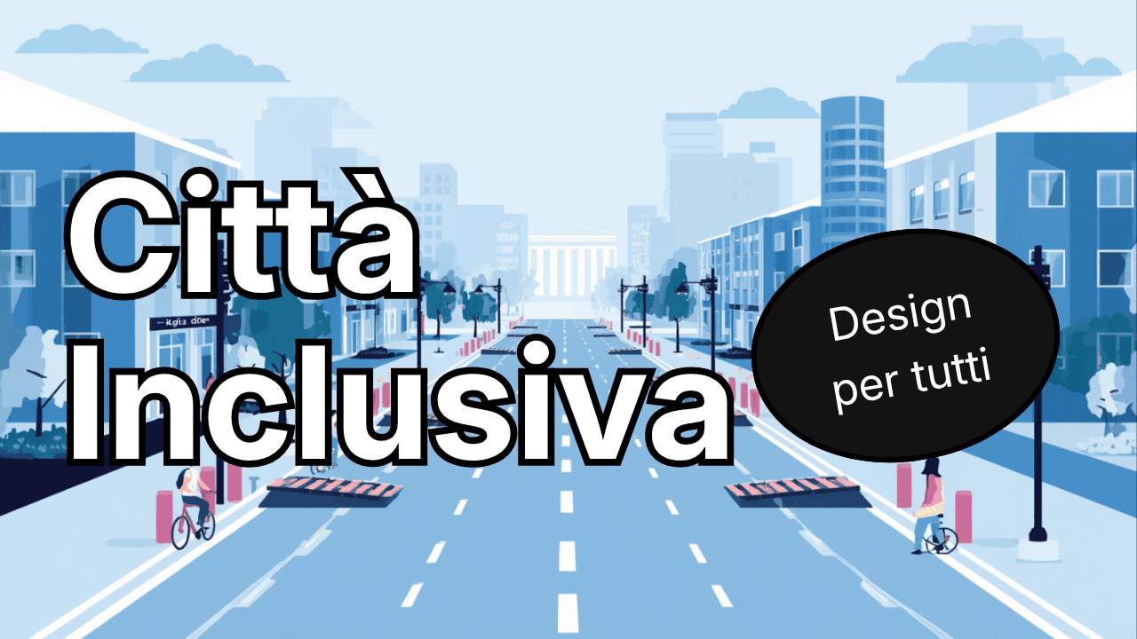 Illustrazione di una città accessibile con segnaletica per persone con disabilità e veicoli in sosta ordinata, su sfondo azzurro.