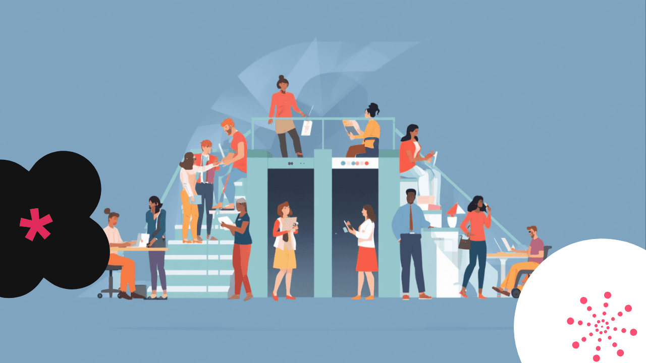 Illustrazione di persone che lavorano insieme in un ufficio moderno accessibile, con simboli di inclusione lavorativa, su sfondo azzurro.