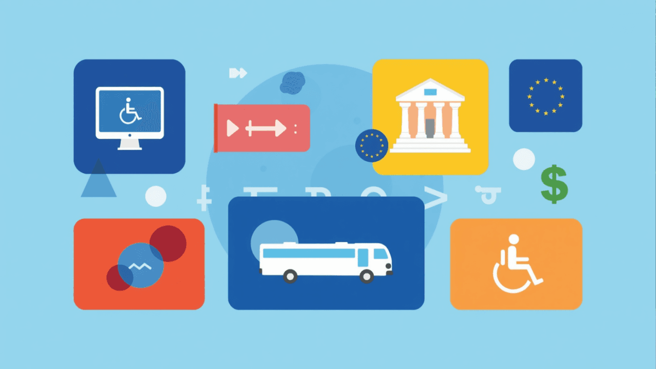 Illustrazione di schermi digitali, un bancomat e simboli di accessibilità su sfondo azzurro, che rappresentano servizi digitali inclusivi.