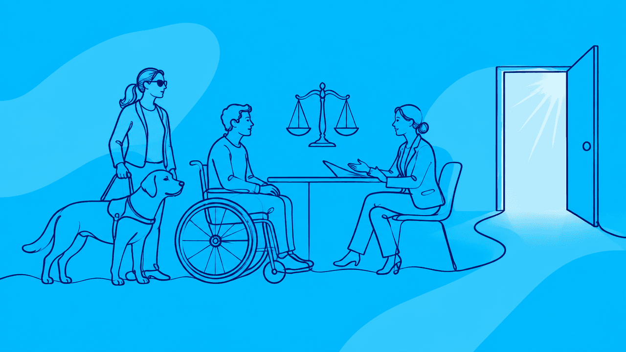 Illustrazione a linea continua su sfondo azzurro: una persona con cane guida e una in sedia a rotelle parlano con una professionista a una scrivania, con una bilancia della giustizia e una porta aperta sulla luce.