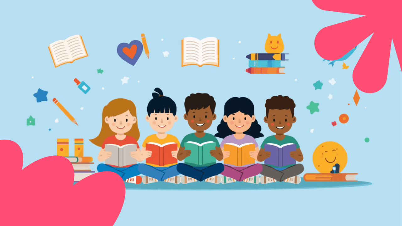 Illustrazione di bambini di diverse abilità che imparano insieme in una classe inclusiva con simboli educativi, su sfondo azzurro.