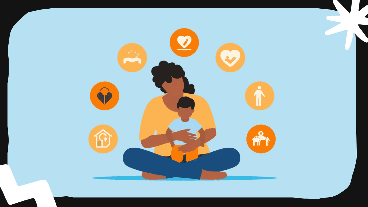 Illustrazione di una famiglia con genitore che si prende cura di un figlio con disabilità, con simboli di protezione e supporto, su sfondo azzurro.