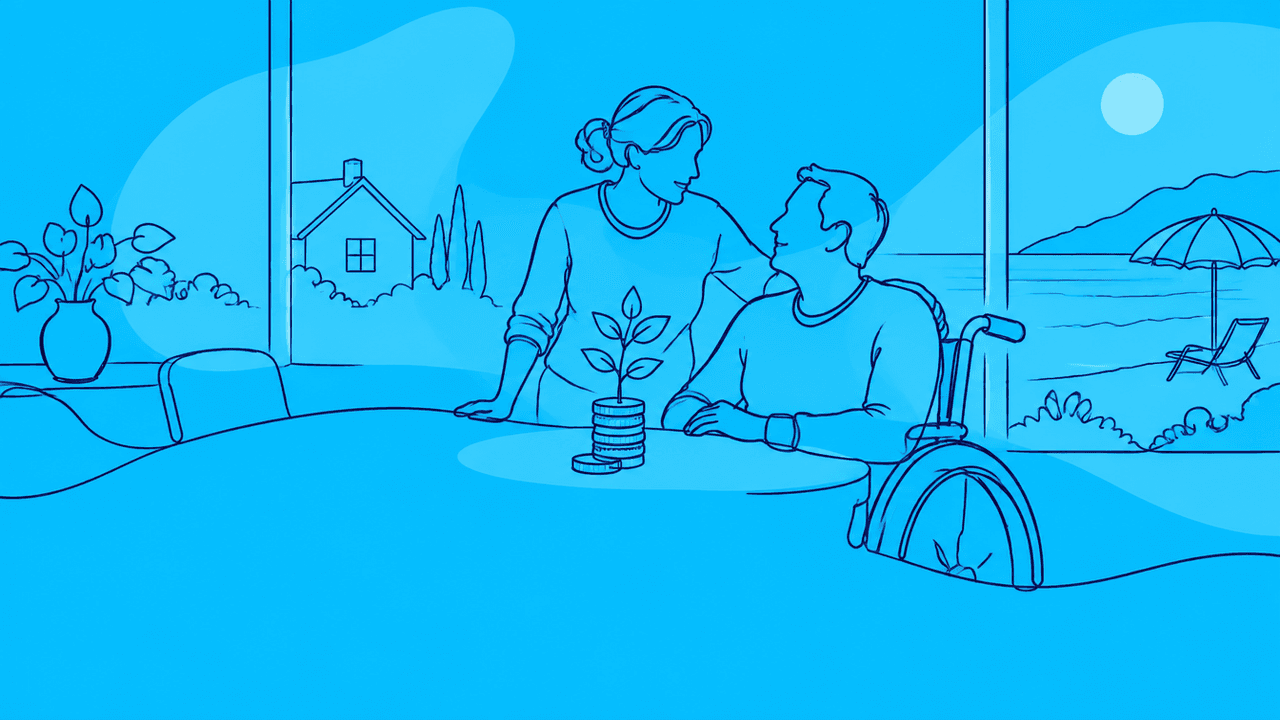 Illustrazione a linea continua su sfondo azzurro: una persona che assiste un familiare in sedia a rotelle in una casa luminosa, con una piantina che cresce da una pila di monete.