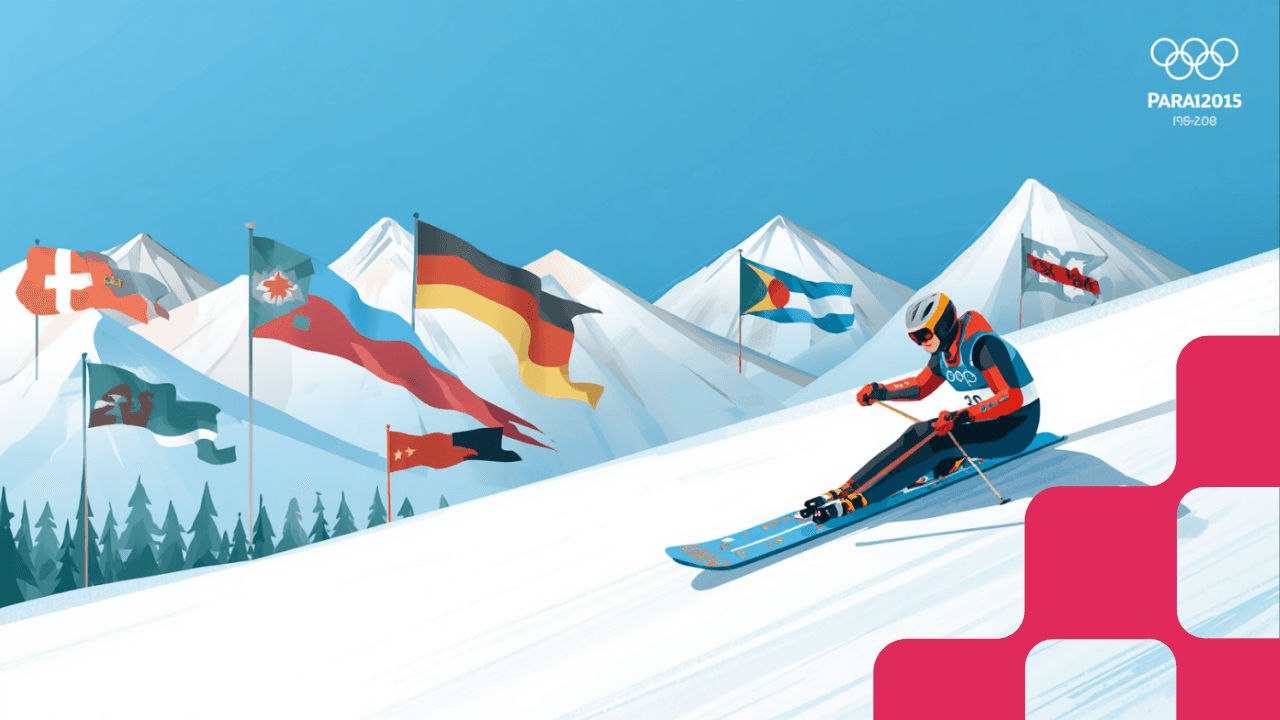 Illustrazione di atleti paralimpici in competizione su pista innevata, con colori della bandiera italiana e simboli paralimpici, su sfondo azzurro.