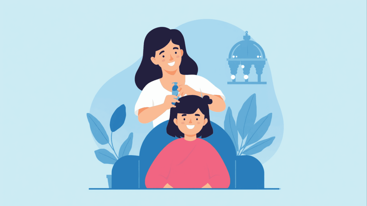 Illustrazione di un salone da parrucchiere accogliente e senza stress sensoriale, con arredi morbidi e colori tenui, su sfondo azzurro.