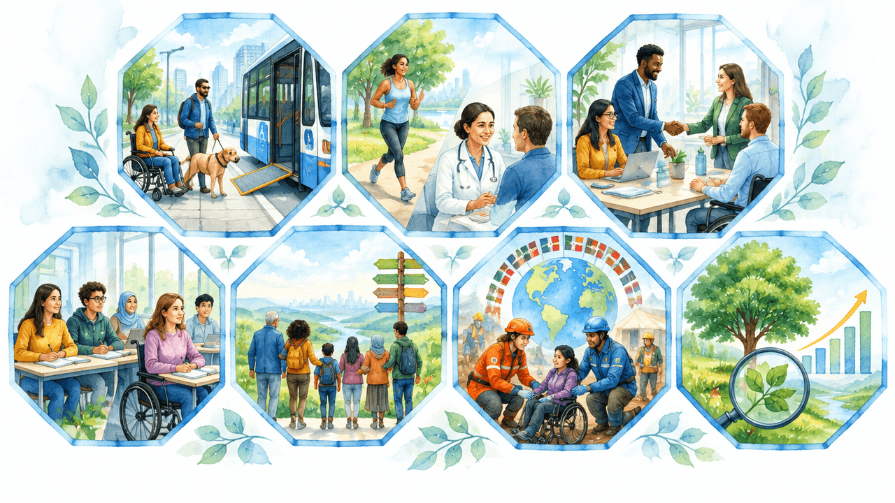 Illustrazione ad acquerello con sette cornici ottagonali azzurre: una persona in sedia a rotelle e una con cane guida vicino a un autobus con rampa, una corsa nel parco e una visita medica, una stretta di mano al lavoro, una classe con una studentessa in carrozzina, un gruppo di persone davanti a un cartello con più direzioni, soccorritori che aiutano una persona in sedia a rotelle davanti a un globo, un albero con una lente e un grafico in crescita.