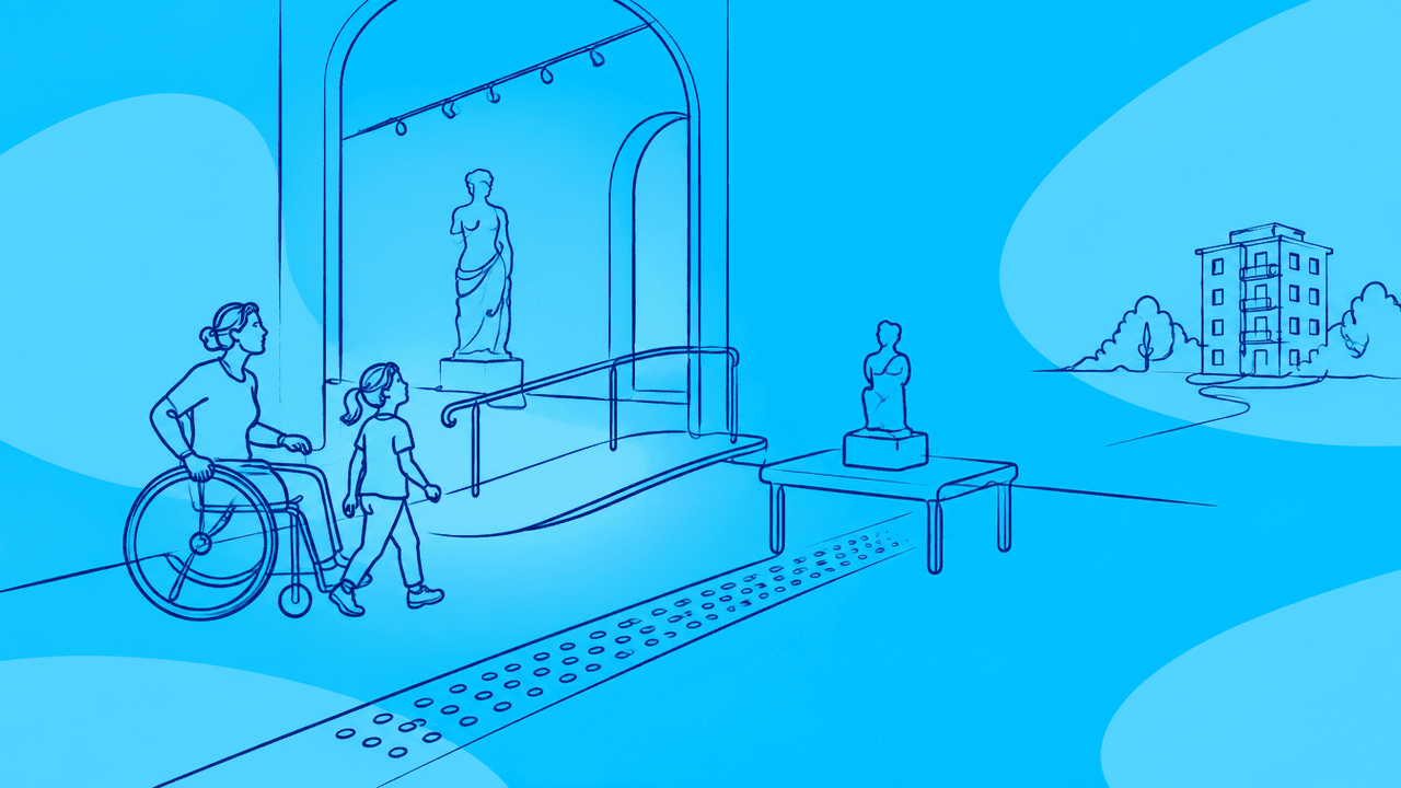 Illustrazione a linea continua su sfondo azzurro: una persona in sedia a rotelle e un bambino entrano in una sala di museo con rampa, percorso tattile e modello tattile di una statua.