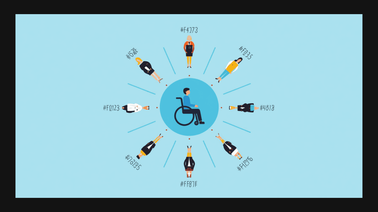 Illustrazione di una persona con disabilità al centro di un cerchio di supporto con professioni diverse, che tracciano un percorso di vita, su sfondo azzurro.