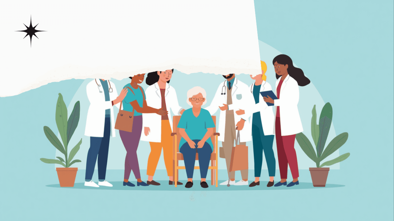 Illustrazione di un anziano assistito da un team multidisciplinare in un ambiente domestico luminoso, su sfondo azzurro con elementi sanitari.