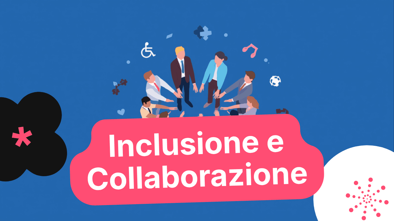 Illustrazione astratta di persone in cerchio che collaborano, con simboli di accessibilità e inclusione, su sfondo azzurro.