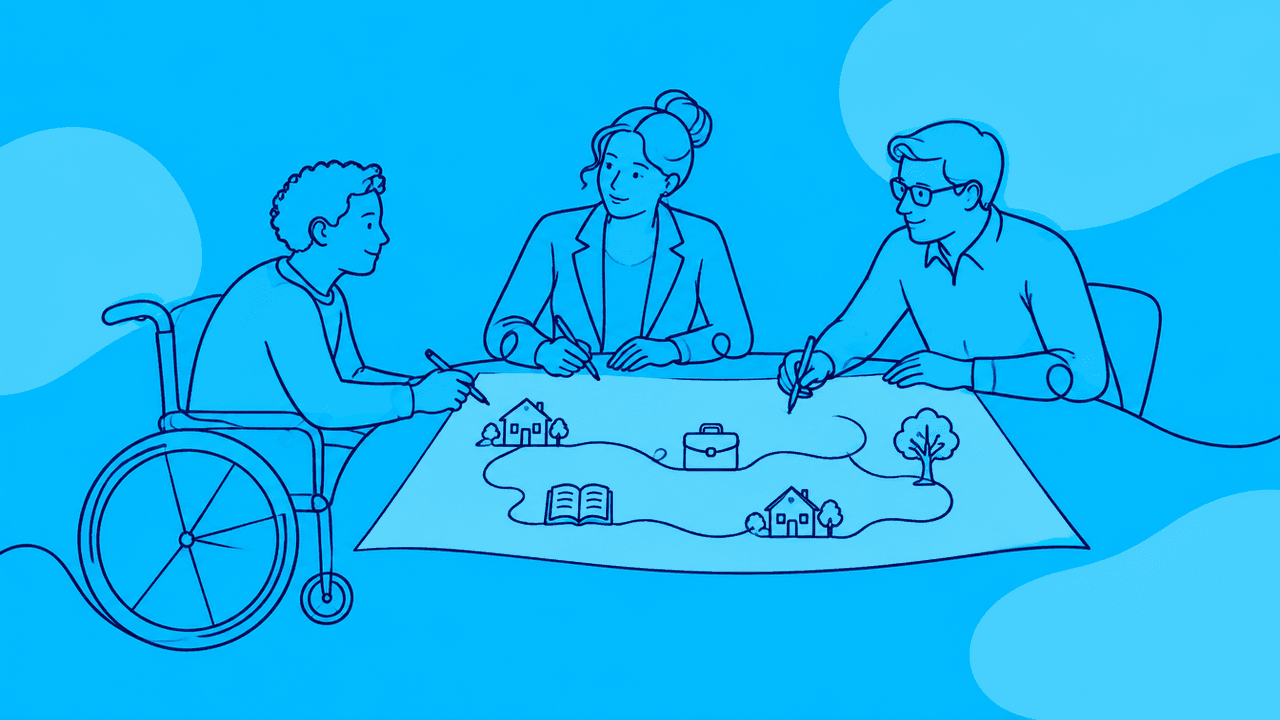 Illustrazione a linea continua su sfondo azzurro: una persona in sedia a rotelle e due professionisti disegnano insieme su un grande foglio una mappa del percorso di vita, con case, un libro, una valigetta e un albero.
