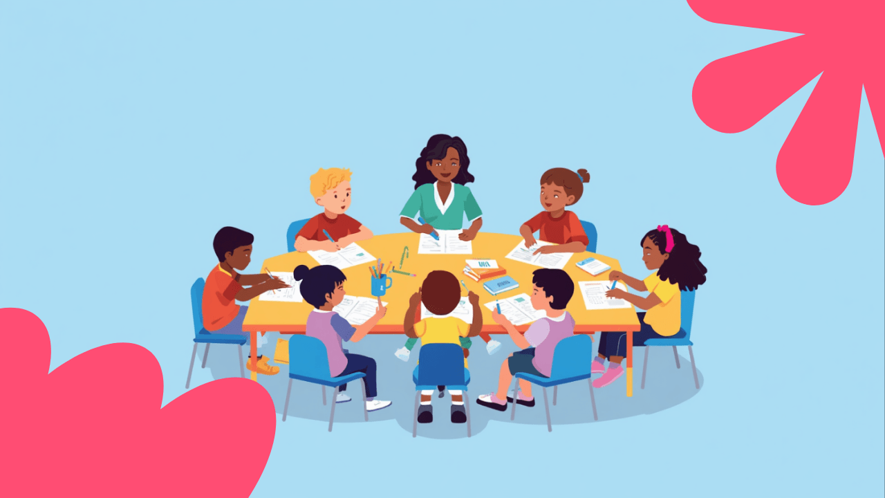 Illustrazione di una classe scolastica inclusiva con studenti diversi e un insegnante di sostegno, su sfondo azzurro con elementi educativi.