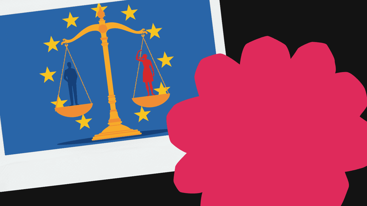 Illustrazione di una bilancia della giustizia e figure di persone che si supportano su sfondo azzurro con simboli europei.