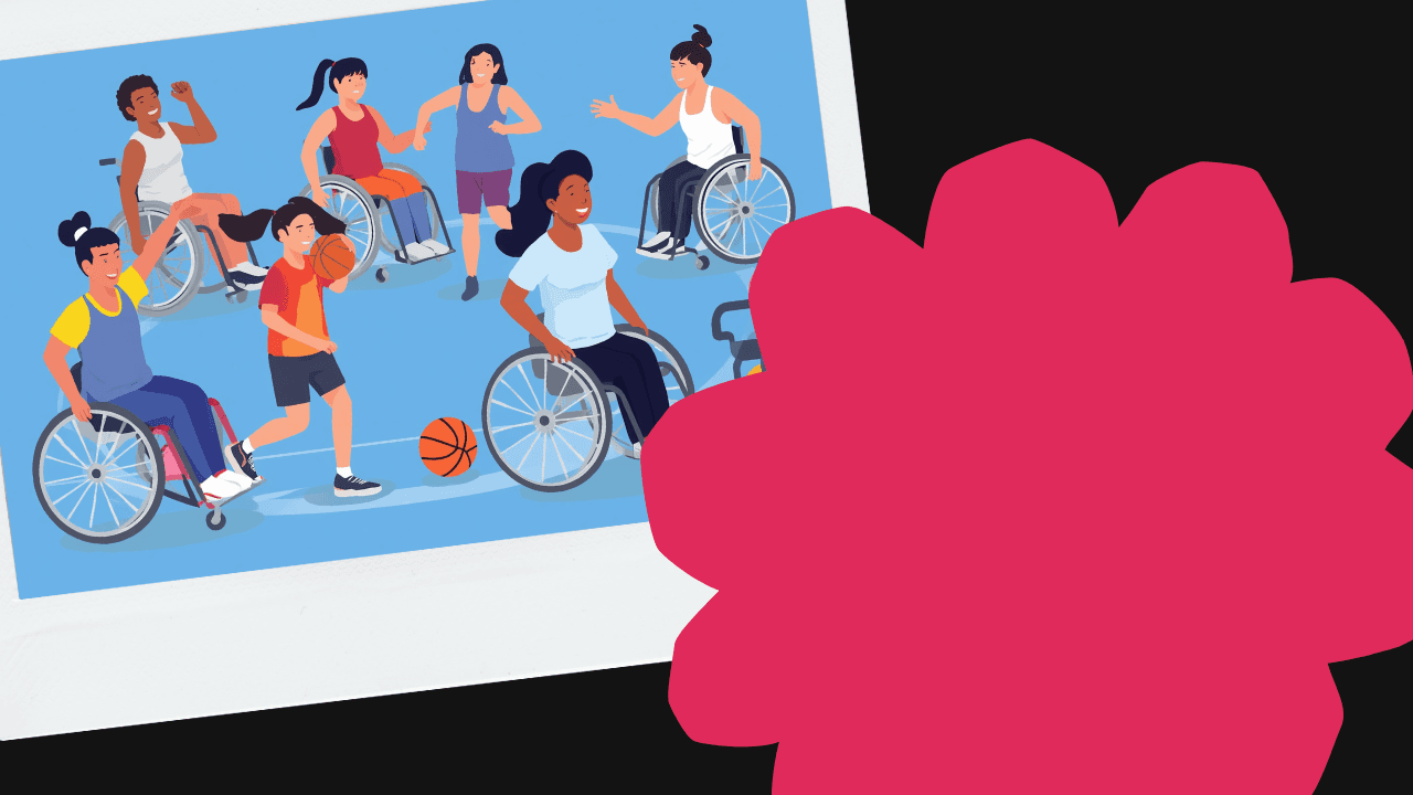 Illustrazione di atleti con diverse disabilità che praticano sport diversi in un centro sportivo inclusivo, su sfondo azzurro con elementi di movimento.