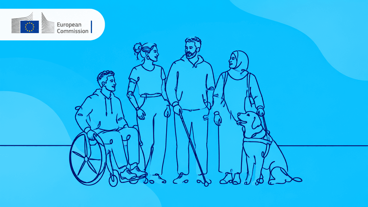 Illustrazione a linea continua di quattro persone con diverse disabilità che sorridono insieme: una in sedia a rotelle, una con protesi al braccio, una con bastone bianco e una con cane guida. In alto a sinistra il logo della Commissione europea.
