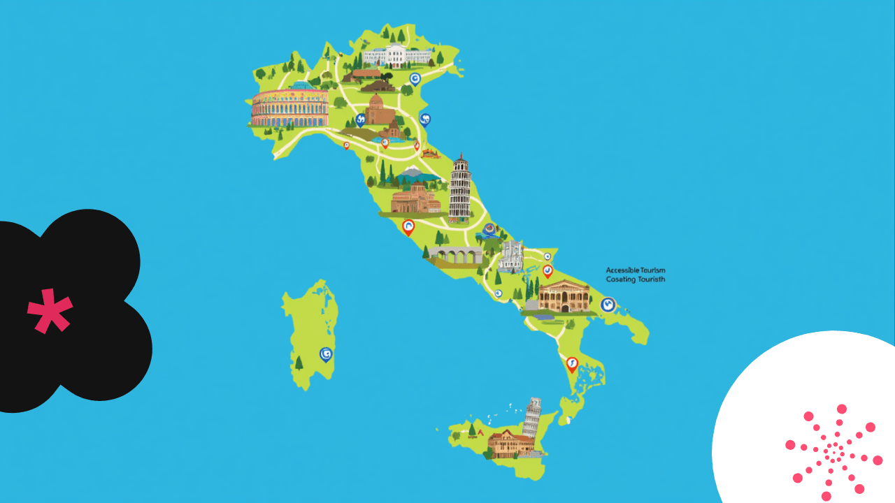 Illustrazione di un panorama italiano con monumenti accessibili e percorsi inclusivi, visitatori diversi, su sfondo azzurro con colori caldi.