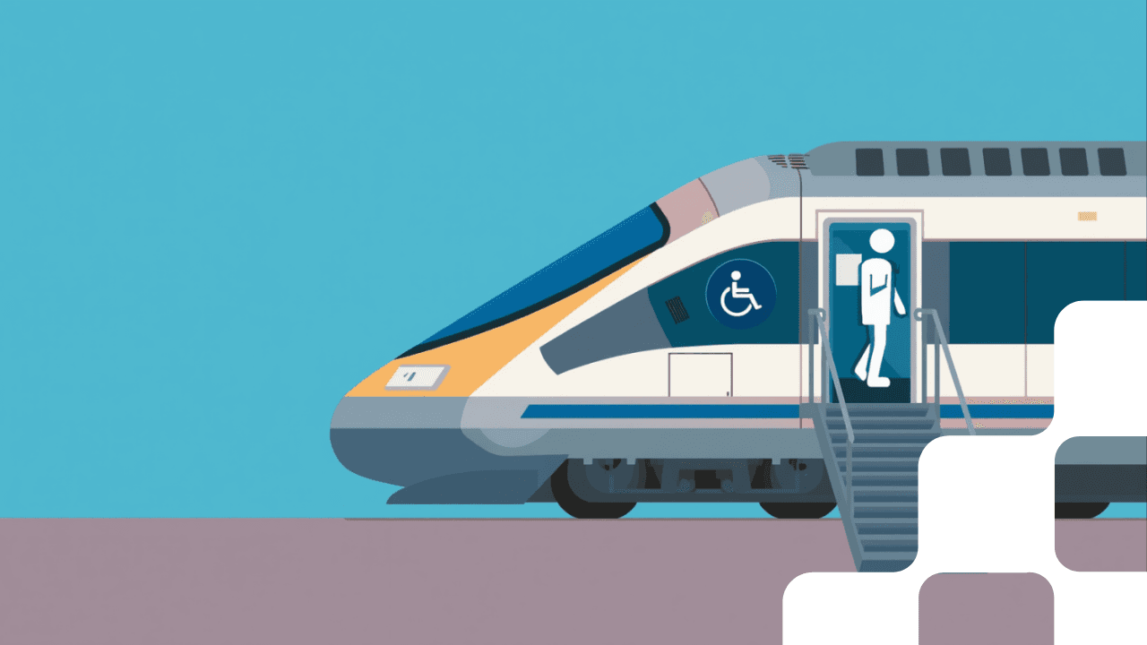 Illustrazione di un treno moderno con icone di accessibilità e una persona in carrozzina che sale a bordo, su sfondo azzurro.